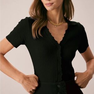 Rihoas Black V Neck Button Pointelle Knit Tee